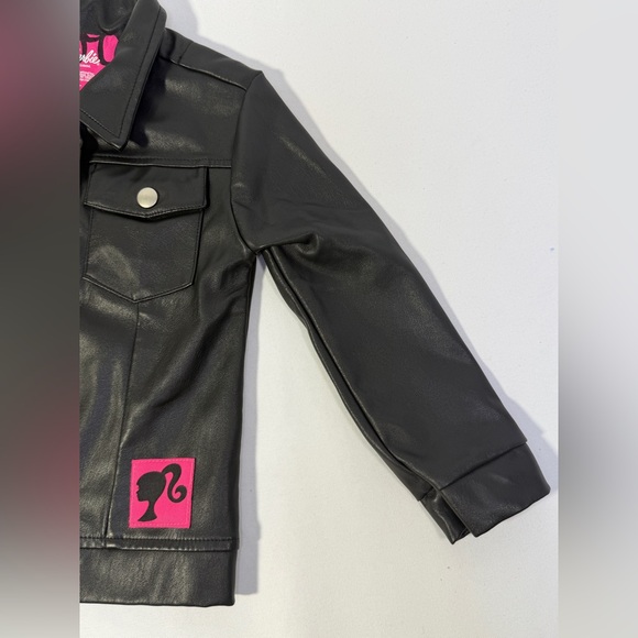 Barbie Girls Faux Leather Jacket Black Pink Logo Moto Biker Coat Size 4T - Picture 4 of 13